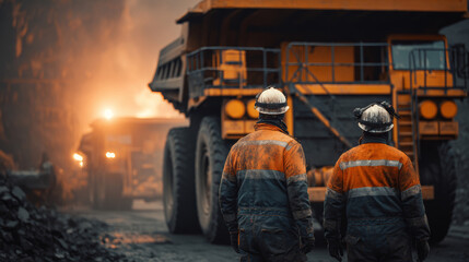 Industrial mining heavy truck construction site workers safety helmet reflective jacket dusty dawn light rugged teamwork