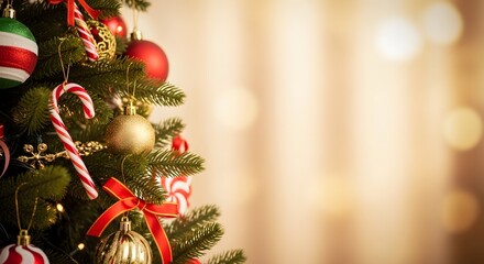Close up of a decorated christmas tree with ornaments and candy canes
