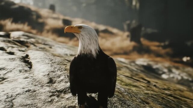 Majestic bald eagle perched on rocky surface with sunlight