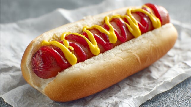 Delicious hot dog topped with ketchup and yellow mustard on a fresh bun, perfect fast-food snack or summer grilling meal