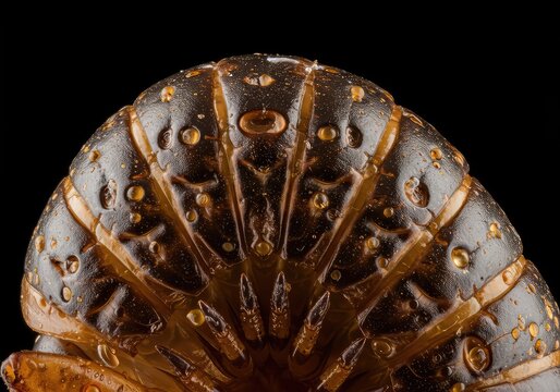 Examining the tough chitinous exoskeleton structure, revealing complex segmentation patterns and intricate details of a hardened outer shell ,segmentation ,wildlife ,armor