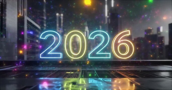 Vibrant neon '2026' numbers brilliantly illuminate a futuristic cityscape, reflecting abstract light patterns on wet surfaces and heralding an exciting new year celebration - Powered by Adobe