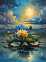 Beautiful painting in HDR of Lotus flowers in a lake