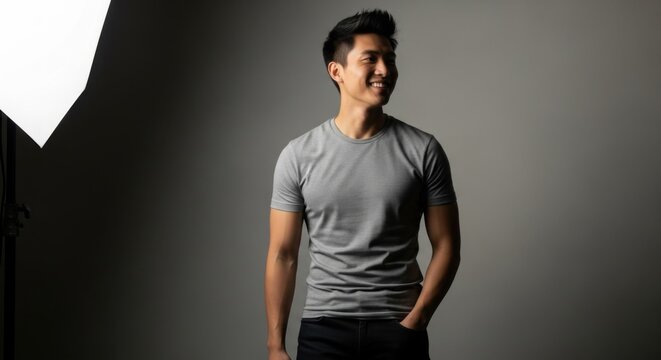 portrait of a young smiling man in casual attire against a neutral studio background