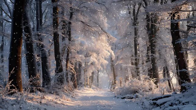  CINEMAGRAPH, 4k, falling snow in the winter forest, loop Aerial shot of winter forest and mountains covered in snow, 
 Lovely snow falling in winter season foggy forest scene.
