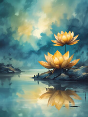 Beautiful painting in HDR of Lotus flowers in a lake