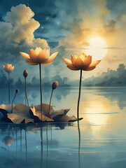 Beautiful painting in HDR of Lotus flowers in a lake