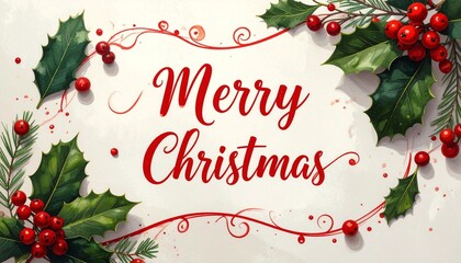 Elegant “Merry Christmas” greeting with red cursive text, holly leaves, berries, and festive swirls.