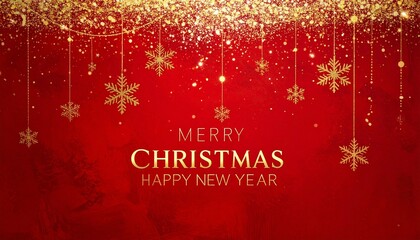 Elegant red holiday greeting card with golden pine branches, snowflakes, and gold text wishing Merry Christmas and Happy New Year.