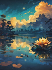 Beautiful painting in HDR of Lotus flowers in a lake