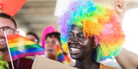 Person with a rainbow wig smiling at a pride event, holding a rainbow flag. Colorful pride celebration with rainbow flags and joyful expressions. LGBTQIA+ pride parade celebrate photography.