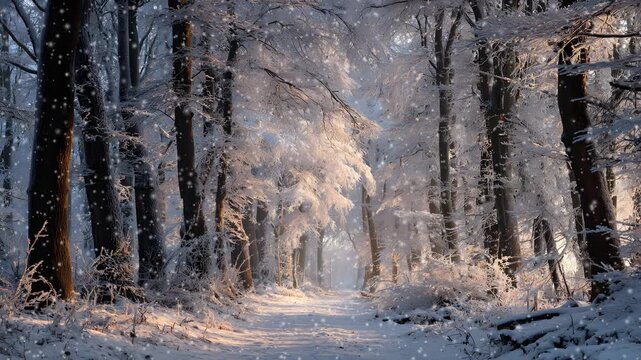  CINEMAGRAPH, 4k, falling snow in the winter forest, loop Aerial shot of winter forest and mountains covered in snow, 
 Lovely snow falling in winter season foggy forest scene.