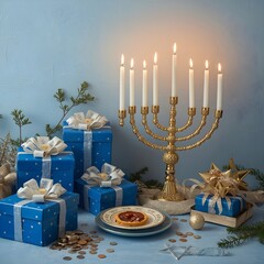 A golden menorah with lit candles sits beside blue gift boxes, a plate with a pastry and coins
