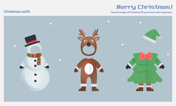 Cute Christmas costume set with face holes for photo booth props, Snowman Reindeer and Tree vector illustration