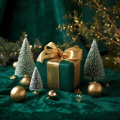 A stylish Christmas scene featuring a gold ribbon wrapped gift, tiny frosted trees, and gold ornaments set against a rich green backdrop