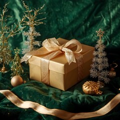 A stylish Christmas scene featuring a gold ribbon wrapped gift, tiny frosted trees, and gold ornaments set against a rich green backdrop