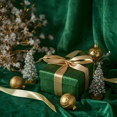 A stylish Christmas scene featuring a gold ribbon wrapped gift, tiny frosted trees, and gold ornaments set against a rich green backdrop