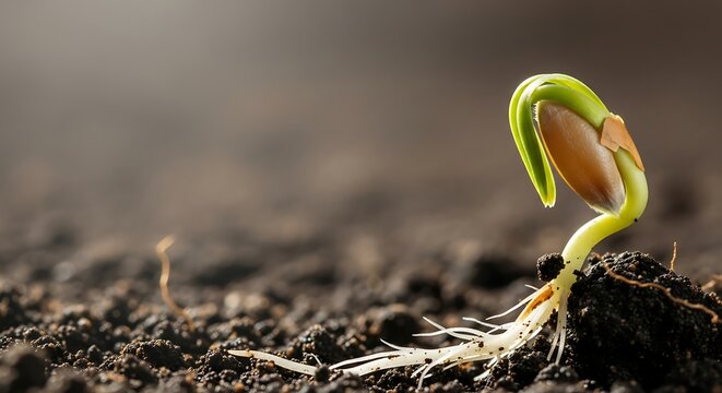 Hopeful seedling emerging from fertile soil in early spring sunlight, symbolizing new beginnings and sustainable growth in natural environment