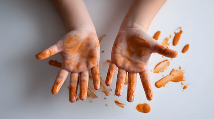 Messy hands covered in orange paint, creating a unique and artistic look, and showcasing creativity