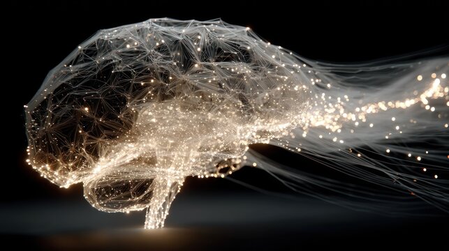 A digital representation of the human brain, highlighted by luminous connections and particles, against a dark backdrop, showcasing intricate neural pathways. - Powered by Adobe