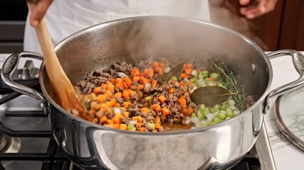 Cooking ground meat and vegetables in a stainless steel pot, stirred with a wooden spoon, during food preparation - Powered by Adobe