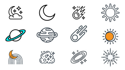 Space Symbols Icon Set With Moon Sun Planets Meteors Comets And Cosmic Stars
