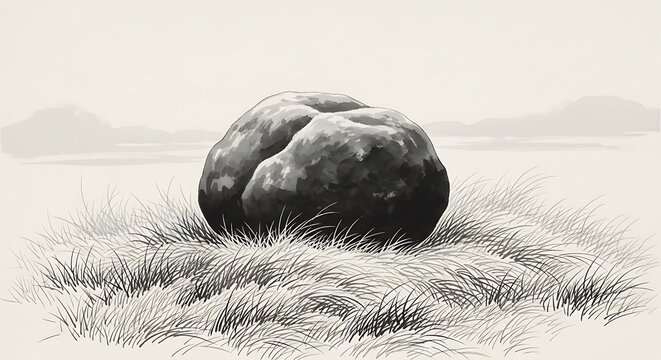 A solitary weathered boulder rests upon a patch of dry grass in a serene misty landscape - Powered by Adobe