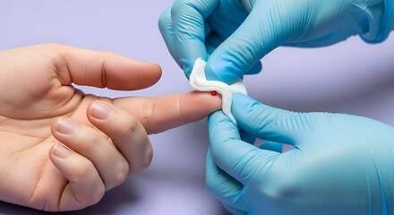 Close-up of a finger prick blood test a medical professional collects a blood sample for diagnostic purposes