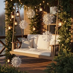 A cozy wooden porch swing decorated for winter with festive lights, evergreen garlands, and large white snowflakes. cozy Christmas Theme