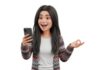 Surprised young woman holding phone, looking at screen with joy and gesturing with hand isolated on transparent background