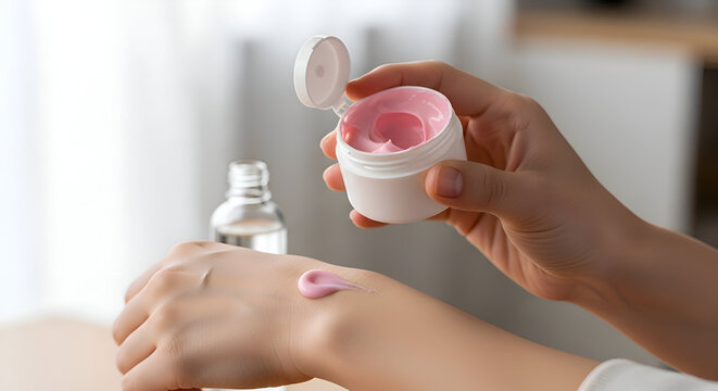 Woman applying pink cream to her hand skincare routine for healthy skin beauty treatment