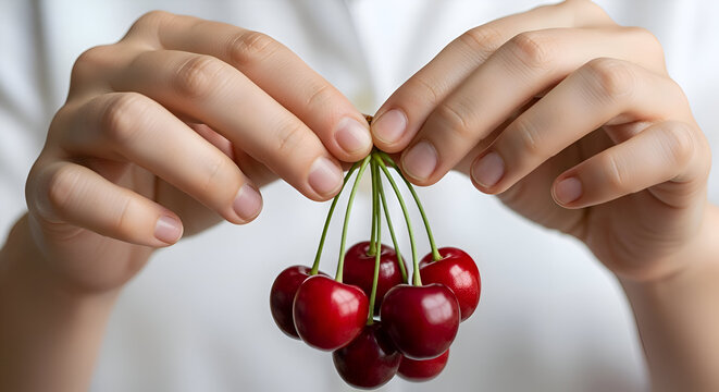Close-up of hands holding a bunch of fresh ripe cherries healthy summer fruit isolated on white background