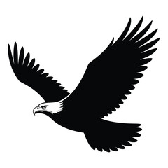 Fototapeta premium A majestic bald eagle in flight, depicted as a powerful black silhouette with a distinctive white head, soaring gracefully
