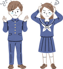 不安や悩みを抱える制服姿の男女の学生のイラスト　全身