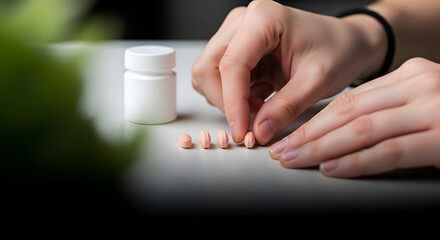 Hand arranging pink pills near a white bottle representing medication management dosage control and pharmaceutical adherence