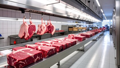 An industrial setting shows a meat processing facility. Rows of raw cuts are displayed on conveyors and hanging racks under bright lights