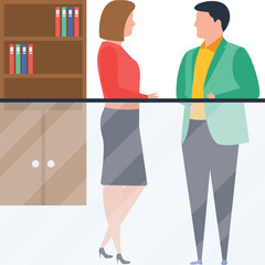 Two Colleagues Discussing Business Standing Near A Glass Partition In A Modern Office With Bookshelves In The Background Featuring A Woman In A Red Top And A Man In A Teal Jacket