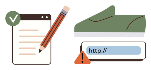 Pencil editing page with checkmark, shoe representing online shopping, error sign emphasizing safe URLs. Ideal for content creation, e-commerce, verification, online safety, editing, digital