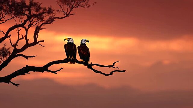 Serene sunset with two birds perched on a leafless tree branch creating a peaceful twilight scene