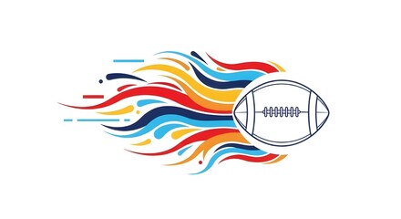 Vector logo design featuring an american football or rugby ball with colorful flame speed trails representing power and fast gameplay.