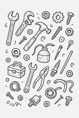 Mechanic Tool Doodle Set | Hand-Drawn Workshop Parts & Industrial Line Art
