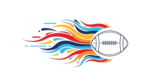 Vector logo design featuring an american football or rugby ball with colorful flame speed trails representing power and fast gameplay. - Powered by Adobe