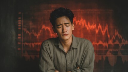 Young Man Stressed About Financial Market Trends and Data Analysis