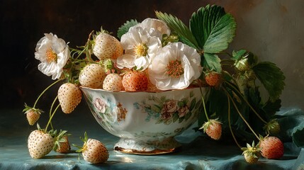 Fresh Strawberries and Blossoms in Elegant Bowl Arrangement