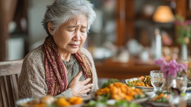 Elderly Woman Offering Prayer of Gratitude at Family Meal Table