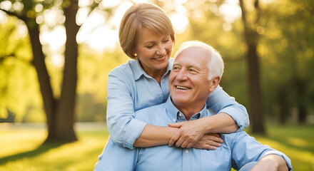 Fototapeta premium Joyful elderly couple embracing outdoors in a park during sunny day showcasing love happiness and companionship in later years