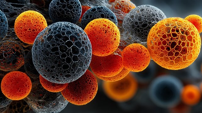 Abstract microscopic view of colorful cellular structures in 3D