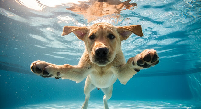 Adorable curious puppy swimming underwater in a playful pose with bright blue water and sunlight shining through creating a lively aquatic scene for pet lovers and animal enthusiasts