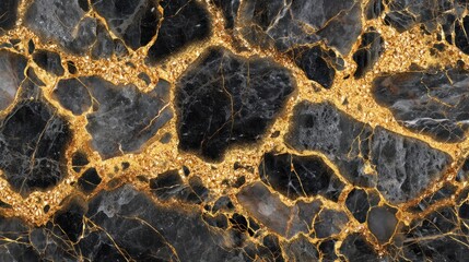 Luxurious black and gold marble pattern, showcasing intricate veining and glittering golden flecks, creates a stunning, sophisticated design.