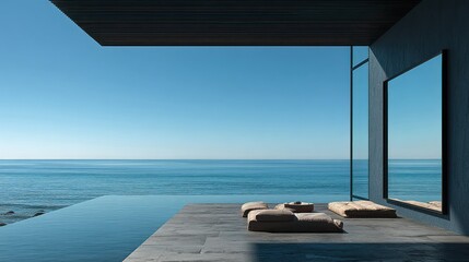 A modern seaside home's expansive ocean view patio, featuring a large infinity pool and comfortable seating areas, evokes a serene and tranquil atmosphere.